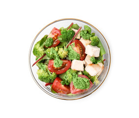 Delicious salad with pesto sauce in bowl isolated on white, top view