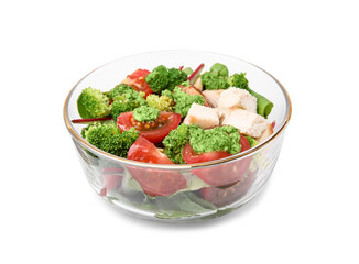 Delicious salad with pesto sauce in bowl isolated on white