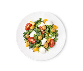 Delicious salad with pesto sauce isolated on white, top view