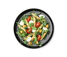 Delicious pesto pasta salad isolated on white, top view