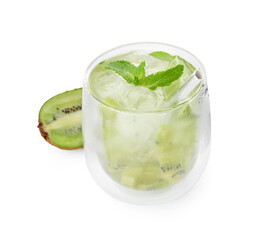 Glass of refreshing drink and cut kiwi isolated on white