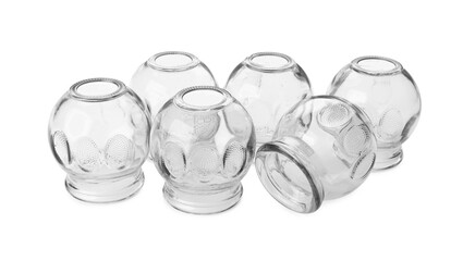 Many glass cups isolated on white. Cupping therapy