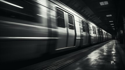 A black and white photo of a subway