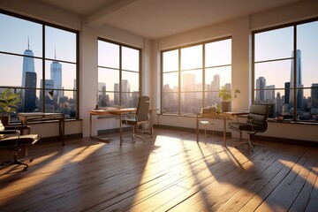 Fototapeta na wymiar Upscale office space with city view, wood floors, sunlight. Rendered in 3D. Generative AI
