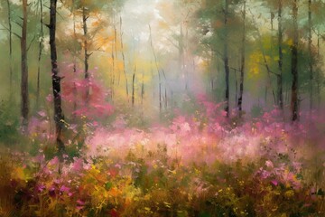 Impressionist forest with pink wildflowers. Generative AI