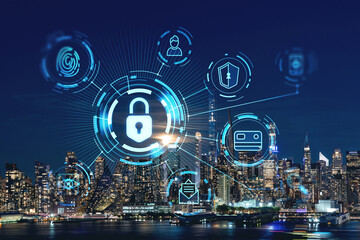 New York City skyline from New Jersey over the Hudson River with the skyscrapers at night, Manhattan, Midtown, USA. The concept of cyber security to protect confidential information, padlock hologram - obrazy, fototapety, plakaty