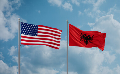 USA and Albania national flags, country relationship concept