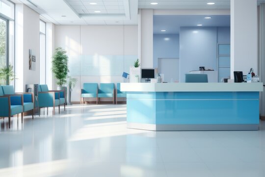 Hospital hallway. Medical waiting area with front desk. Empty waiting room in lobby with reception counter at medical facility, used to help patients with appointments and healthcare insurance.
