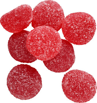 Red sugar coated gumdrop candies top view isolated on transparent background