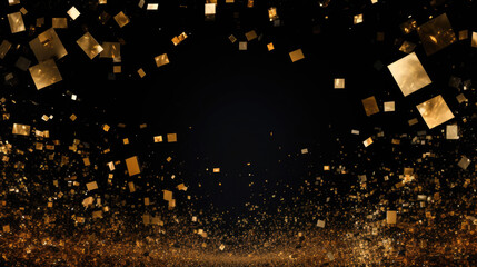 gold confetti with small yellow squares on a black background - obrazy, fototapety, plakaty