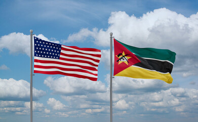 Mozambique and USA flags, country relationship concept