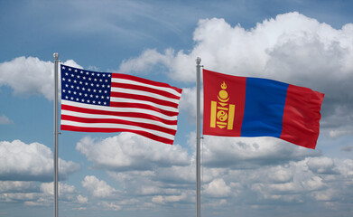Mongolia and USA flags, country relationship concept
