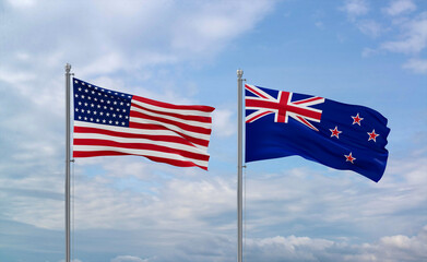 New Zealand and USA flags, country relationship concept