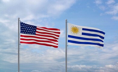 Uruguay and USA flags, country relationship concept
