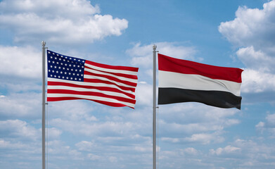 Yemen and USA flags, country relationship concept
