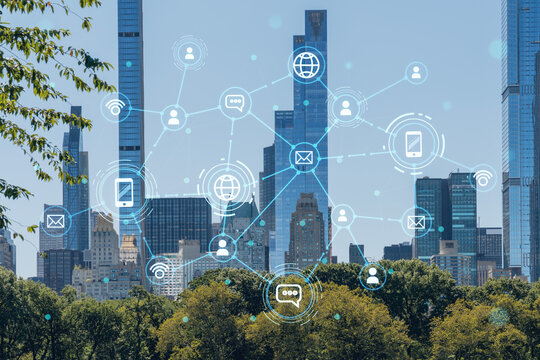 Green lawn at Central Park and Midtown Manhattan skyline skyscrapers at day time, New York City, USA. Social media hologram. Concept of networking and establishing new people connections