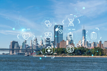 Brooklyn and Manhattan bridges with New York City financial downtown skyline panorama at day time...