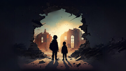 CHILDREN IN WAR: SILHOUETTE OF CHILDREN STANDING IN FRONT OF A RUIN - obrazy, fototapety, plakaty