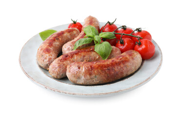 Plate with tasty homemade sausages, basil leaves and tomatoes on white background