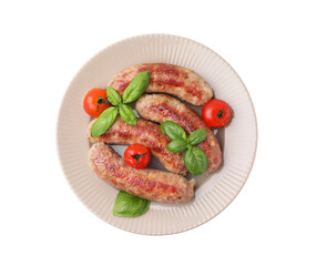 Plate with tasty homemade sausages, basil leaves and tomatoes on white background, top view