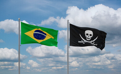 Pirate and Brazil flags, country relationship concept