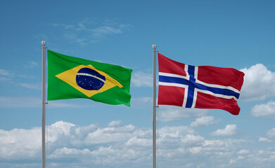 Norway and Brazil flags, country relationship concept