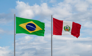 Peru and Brazil flags, country relationship concept
