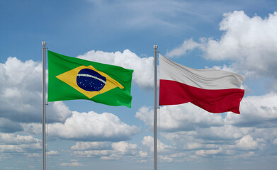 Poland and Brazil flags, country relationship concept