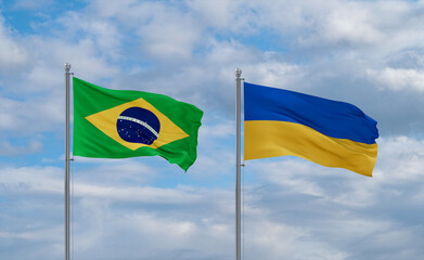 Ukraine and Brazil flags, country relationship concept