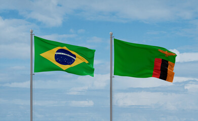 Zambia and Brazil flags, country relationship concept