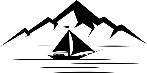 vector illustration of a boat and a mountain on a transparent background