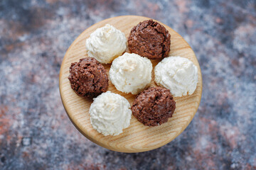Delicious homemade meringue cookies with coconut flakes.
