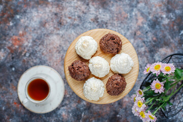 Delicious homemade meringue cookies with coconut flakes.