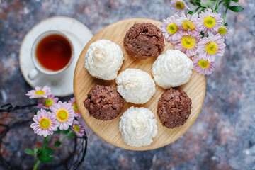 Delicious homemade meringue cookies with coconut flakes.