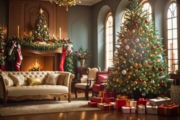 a Christmas tree with beautiful and wonderful decorations at home with New Year gifts .