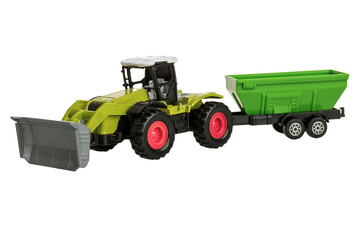 Toy farm tractor with cart, plastic children's play, isolated on white background