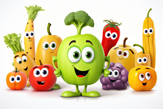 A group of fruits and vegetables with faces
