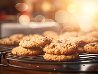 Close up of fresh baked oatmeal cookies on a baking rack, kitchen table with blurred background