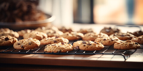 Close up of fresh baked oatmeal cookies on a baking rack, kitchen table with blurred background - Powered by Adobe