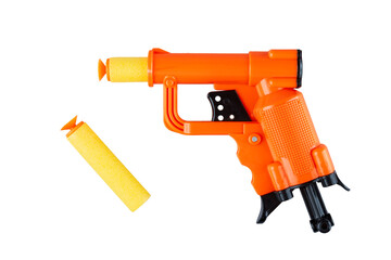 Children's toy gun loaded with foam bullets with suction cups, children's game shootout hitting the target, isolated on a white background