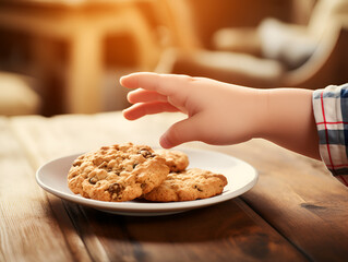 Close up of kids hands grabbing a fresh baked oatmeal cookie from a white plate, blurred background  - obrazy, fototapety, plakaty