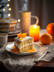 Delicious peace of orange cake on white plate, wooden table and blurred background with lights