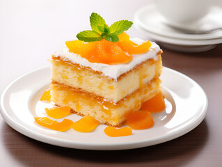A peace of delicious orange cake on white plate, on white table blurred background 