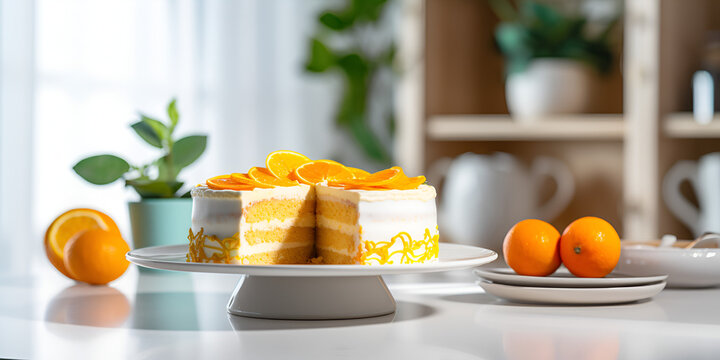 Close up of a homemade orange cake on white plate, kitchen table and blurred background 