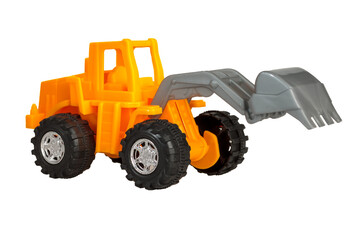 Children's toy plastic tractor with bucket, isolated on white background