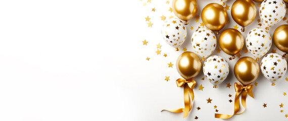 White and golden balloons on a white background, Christmas and new year holidays concept with copy space