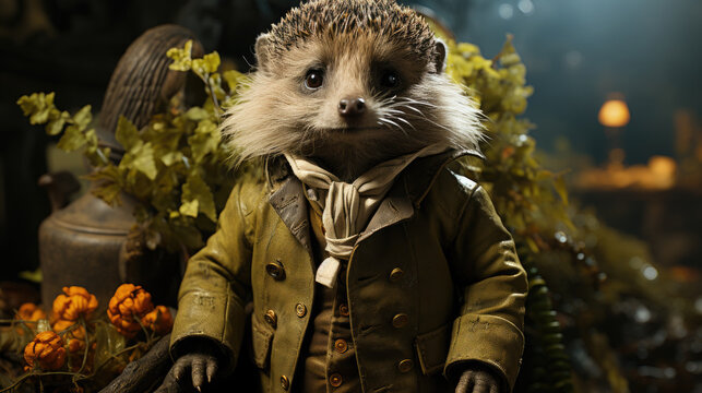 little cute hedgehog dressed as an English gentleman, prickly urchin, fairy-tale character, toy, jacket, outfit, sir, dandy, exquisite, animal, forest, fantasy, dream