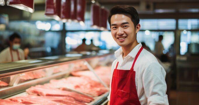 Young smiling man butcher standing at the meat counter