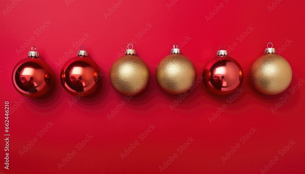 Wall mural red  and gold christmas balls  decoration ,top view   with copy space 