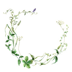 Watercolor floral wreath of meadow flowers, grasses and lavender. Hand painted illustration isolated on white background. For design, print, fabric or background.